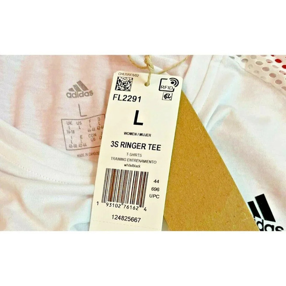 Adidas L White Logo Aeroready Crew Short Mesh Striped Sleeves Ringer Crop Tee - Picture 6 of 6